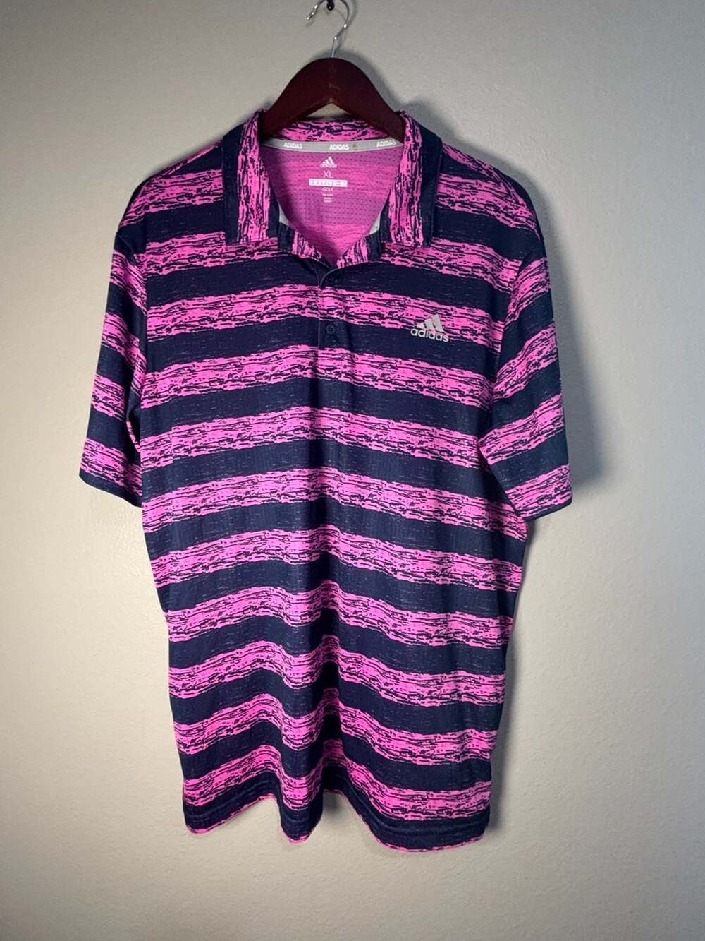 Adidas Golf Polo Shirt Men's XL Navy Pink Striped Performance